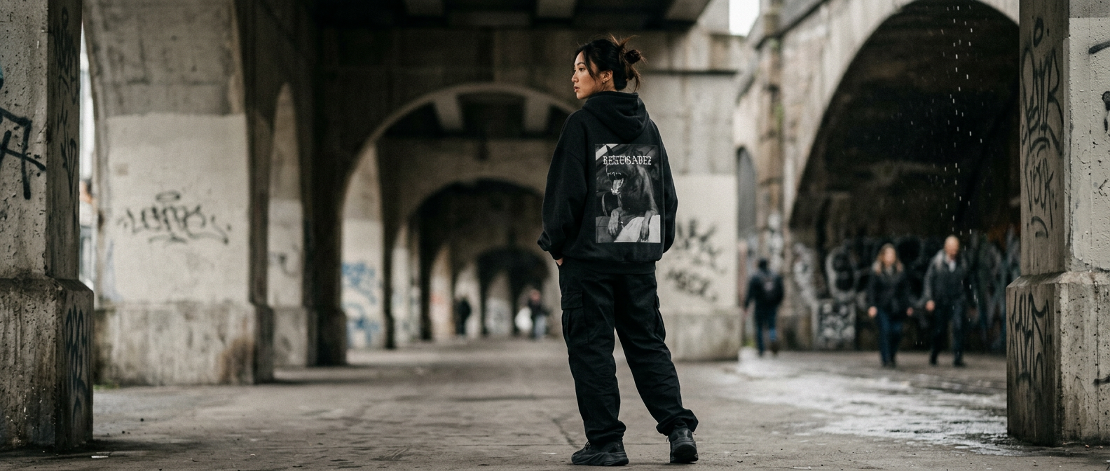 Model wearing the RENEGADEZ hoodie under a graffiti-covered concrete underpass