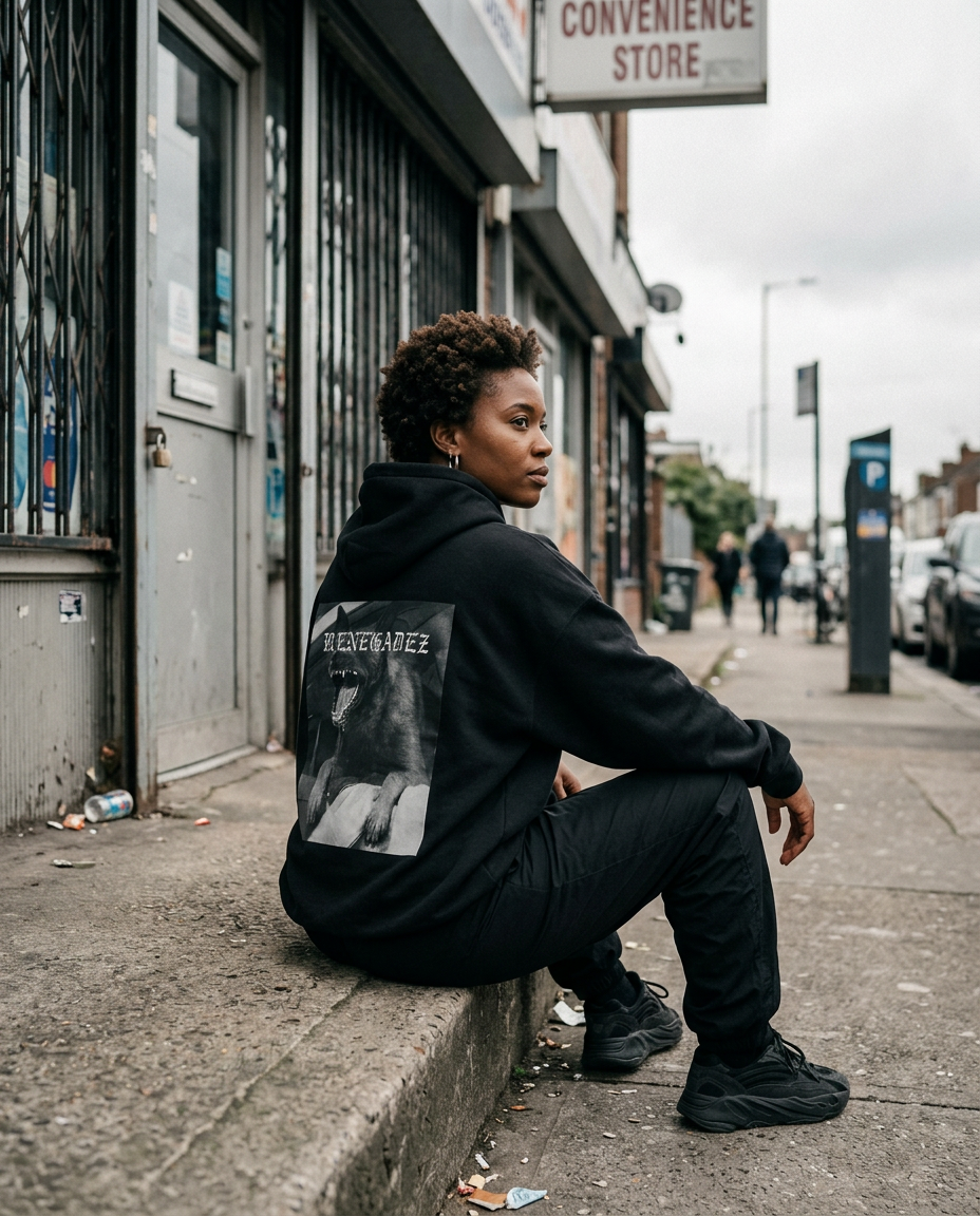 Black woman in a black RENEGADEZ hoodie sitting outside a neighborhood store