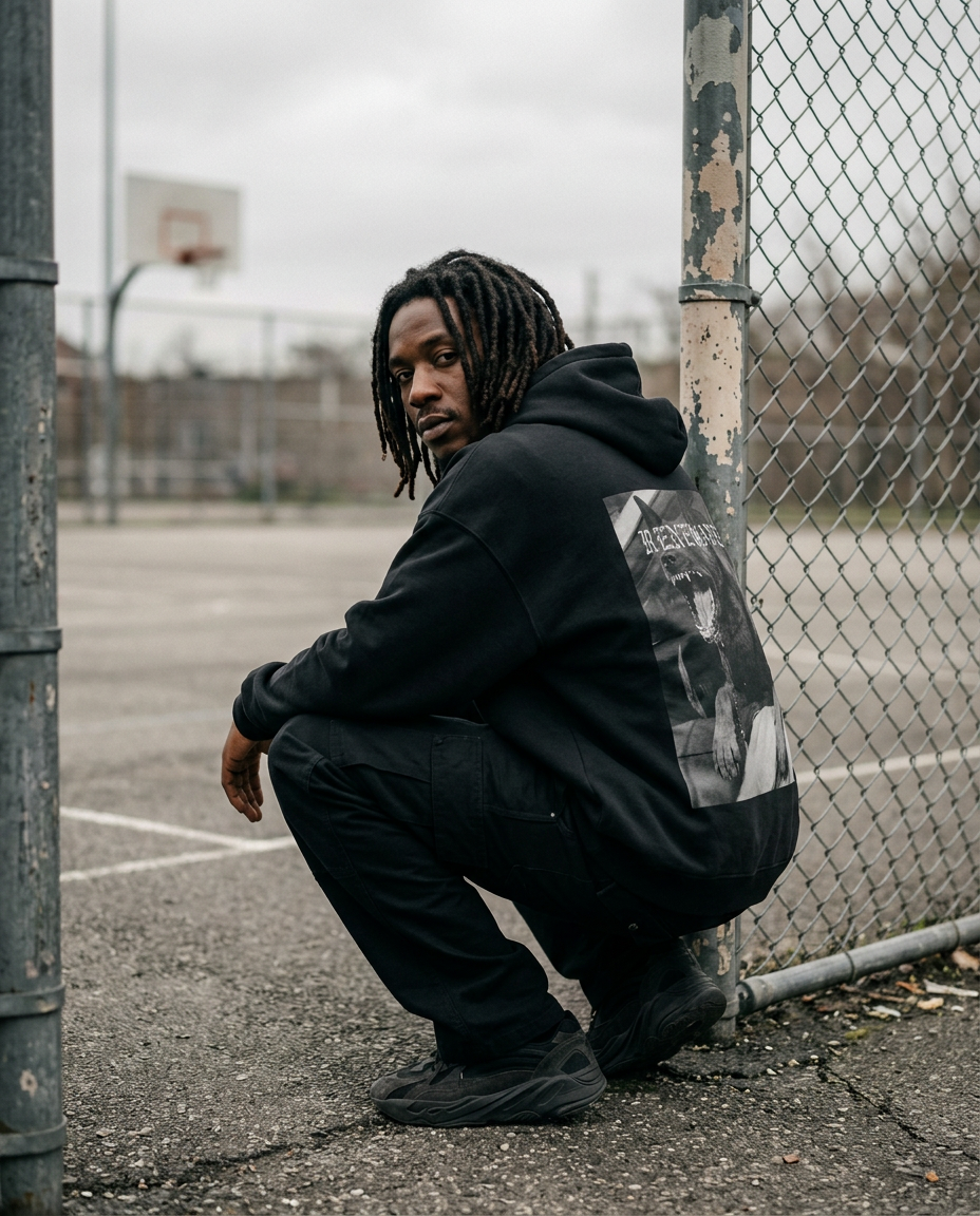 Black man crouching in a black RENEGADEZ hoodie by a basketball court fence